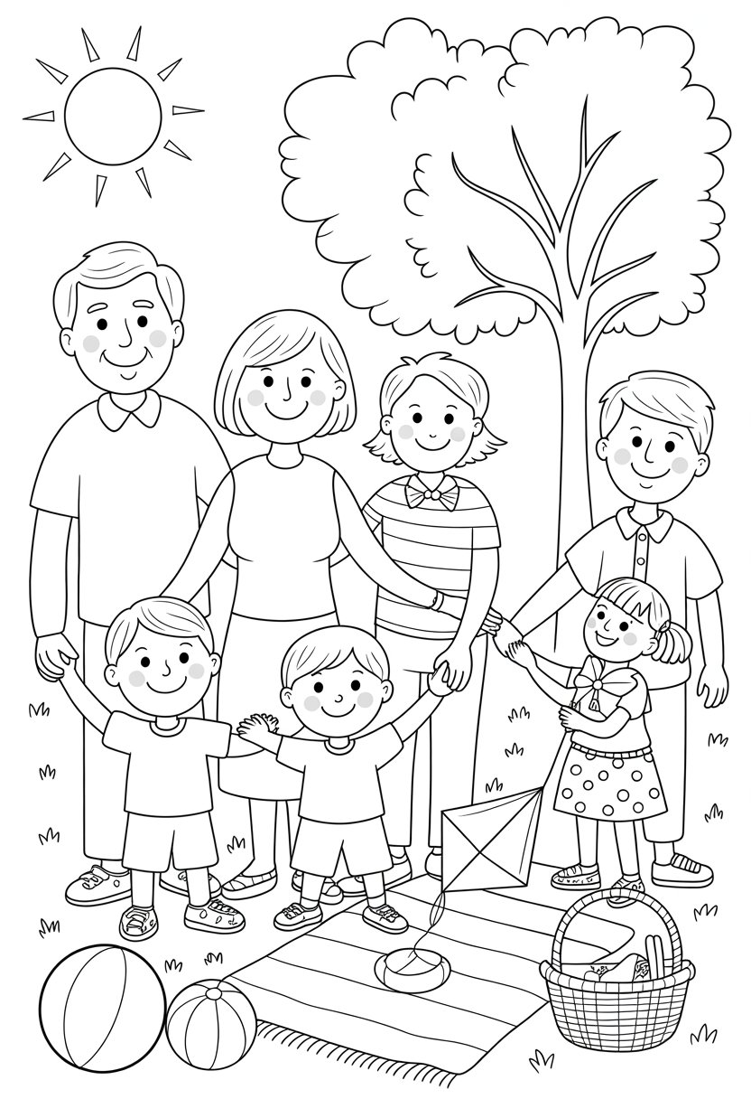 I Love My Family Coloring Pages List of 13 Fun and Educational Designs 19 A multigenerational family with grandparents, parents, and children standing together outdoors near a tree and a picnic blanket, with children playing with a ball and a kite.